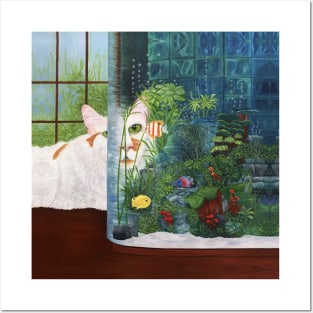 White Cat and Aquarium Posters and Art